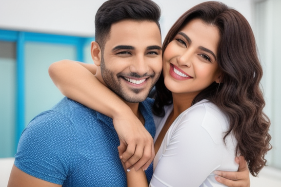 Mulher sorrindo e abraçando uma pessoa próxima