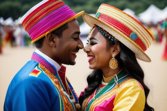 Casal abraçado em um festival cultural vibrante