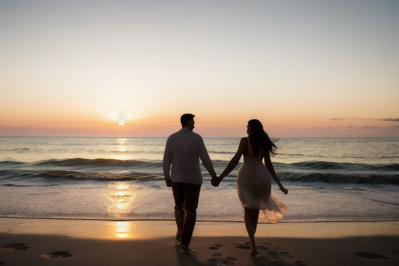 Casal caminhando de mãos dadas na praia ao pôr do sol