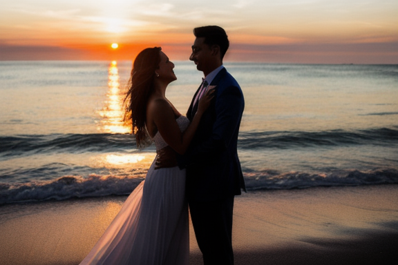 Casal abraçado em frente a um pôr do sol deslumbrante em uma praia