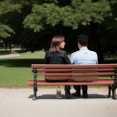 Casal sentado em um banco de parque, pensativo