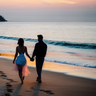 Casal caminhando de mãos dadas em uma praia ao pôr do sol