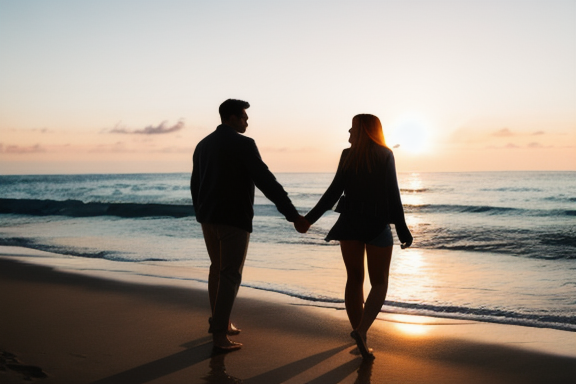 Casal de mãos dadas caminhando em uma bela praia ao pôr do sol