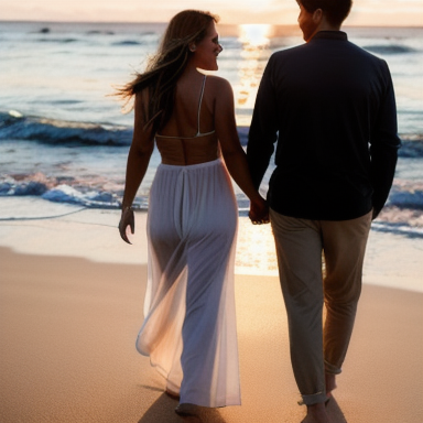 Casal de mãos dadas na praia ao pôr do sol