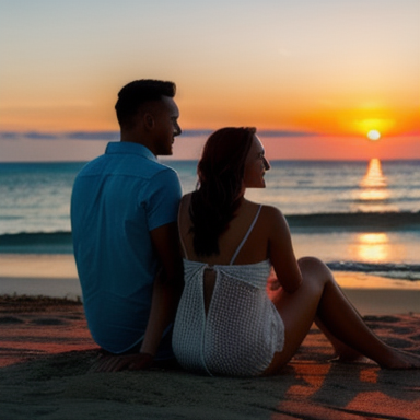 Casal aproveitando o pôr do sol na praia