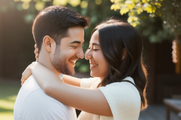 Casal abraçado e sorrindo juntos