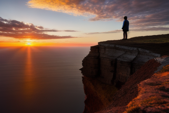 Person standing on a cliff overlooking a sunset